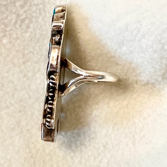 Native American Sterling Turquoise Coral Onyx Zuni Dancing Rainbow Ring Sz 6 - Picture 4 of 5